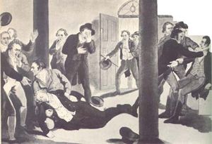 The assassination of Prime minister Spencer Perceval in 1812 in the lobby of the House of Commons.